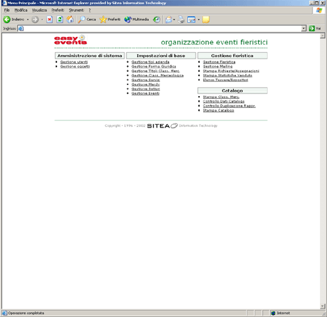 Figura 1 : Il menu principale di Sitea Easy Events